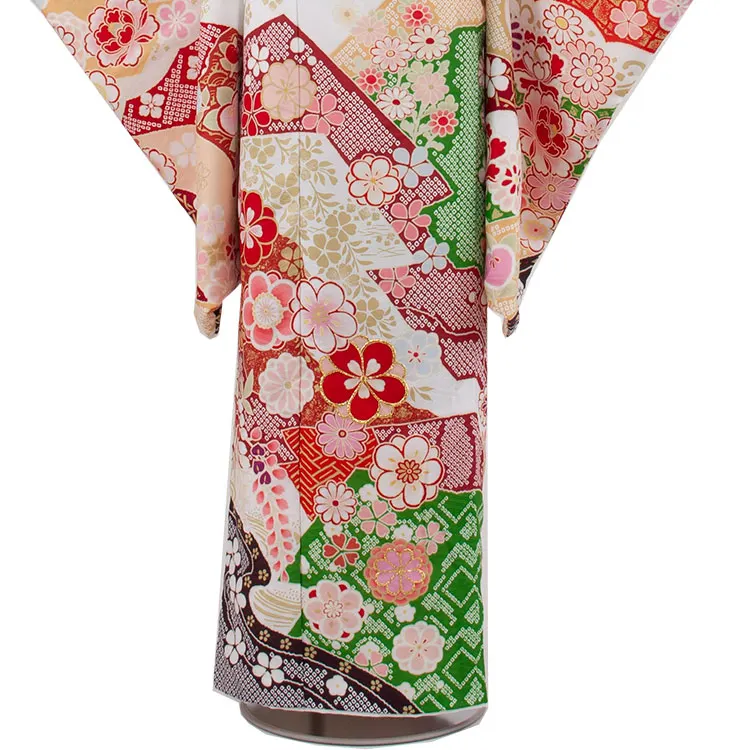 ジュニア着物 白地 しぼり調 桜 牡丹 C020