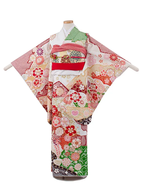 ジュニア着物 白地 しぼり調 桜 牡丹 C021