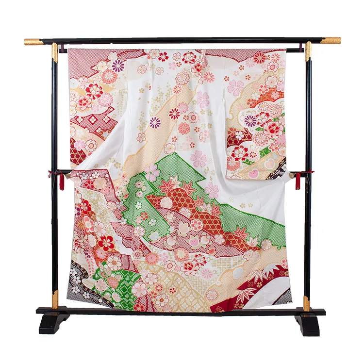 ジュニア着物 白地 しぼり調 桜 牡丹 C021