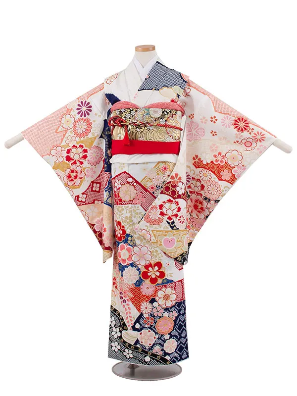 ジュニア着物 白地 しぼり調 桜 牡丹 C022