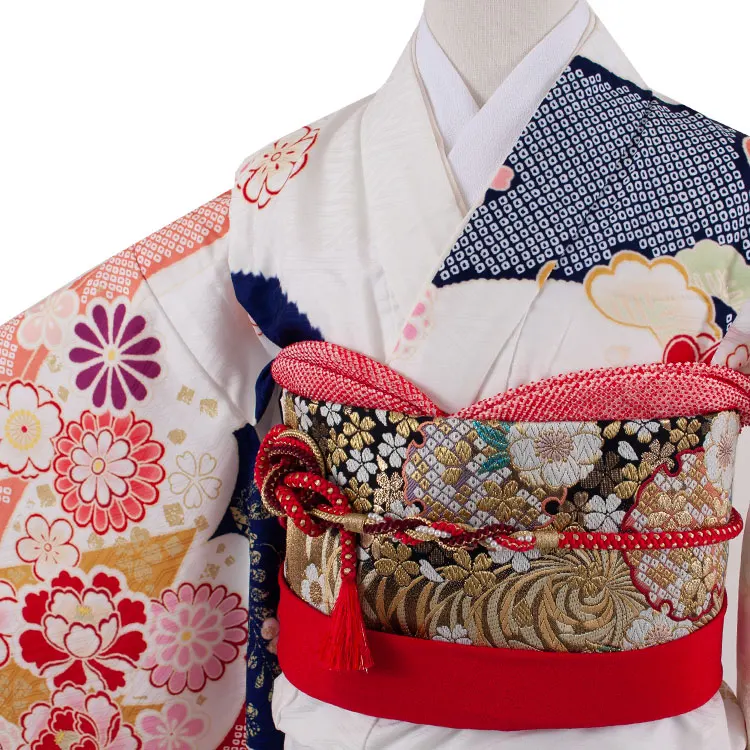 ジュニア着物 白地 しぼり調 桜 牡丹 C022