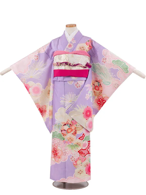 ジュニア着物 ラベンダー 松竹梅 鈴まり C026