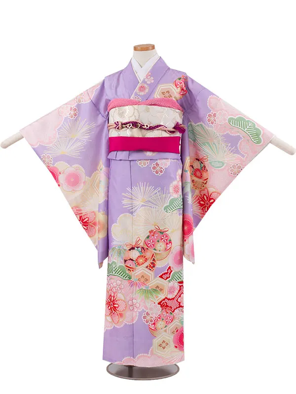 ジュニア着物 ラベンダー 松竹梅 鈴まり C026