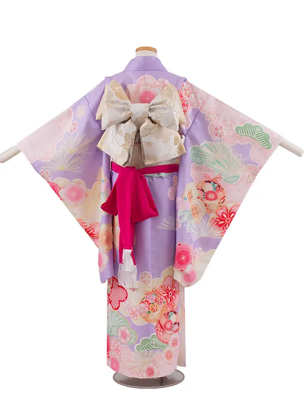 ジュニア着物 ラベンダー 松竹梅 鈴まり C026
