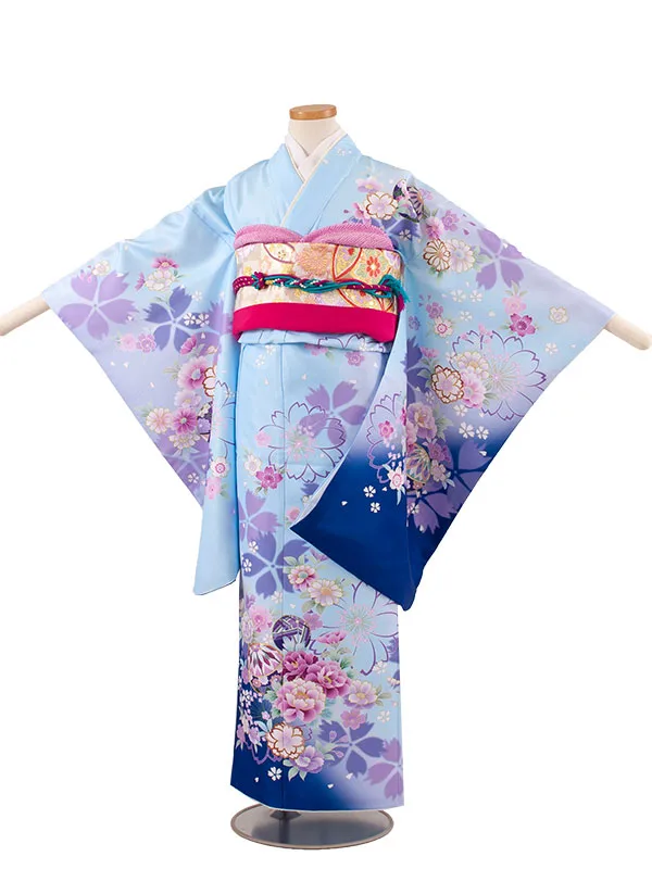 ジュニア着物 薄青 牡丹 桜 C027