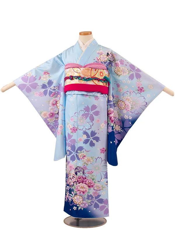 ジュニア着物 薄青 牡丹 桜 C027