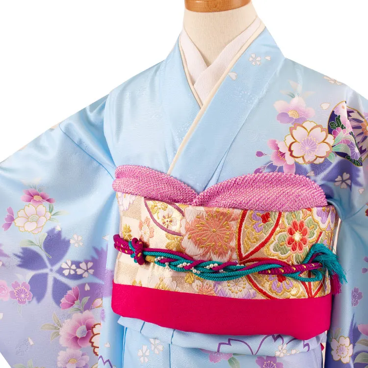 ジュニア着物 薄青 牡丹 桜 C027