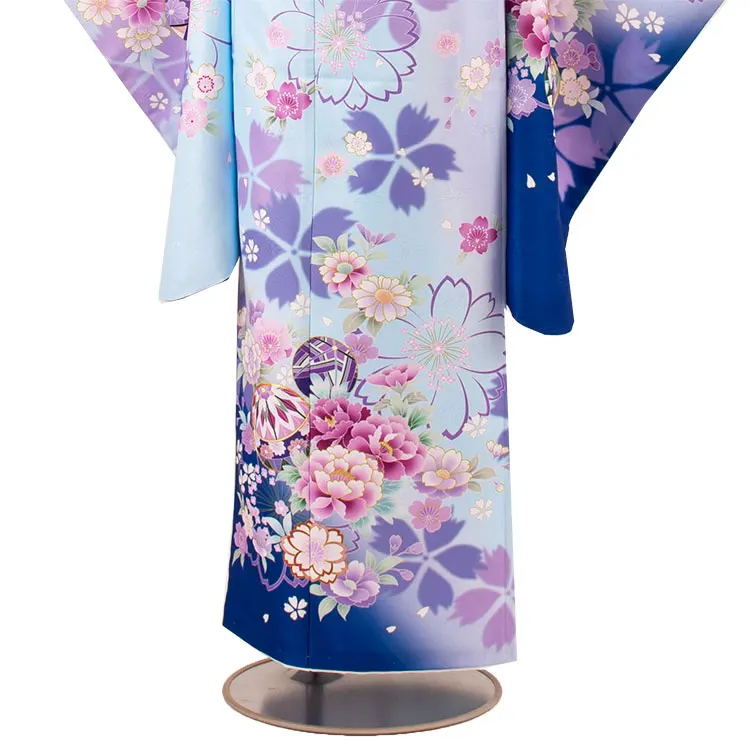 ジュニア着物 薄青 牡丹 桜 C027