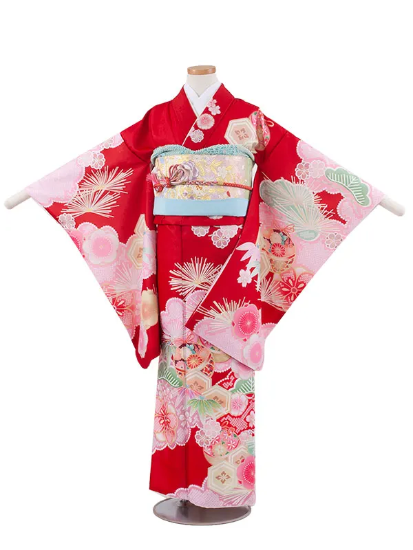 ジュニア着物 赤地 松竹梅 鈴まり C028