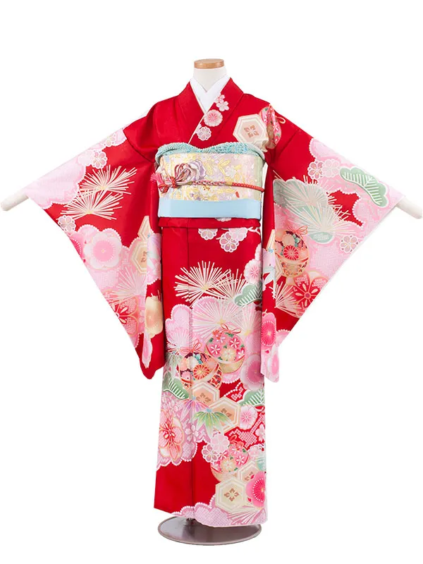 ジュニア着物 赤地 松竹梅 鈴まり C028