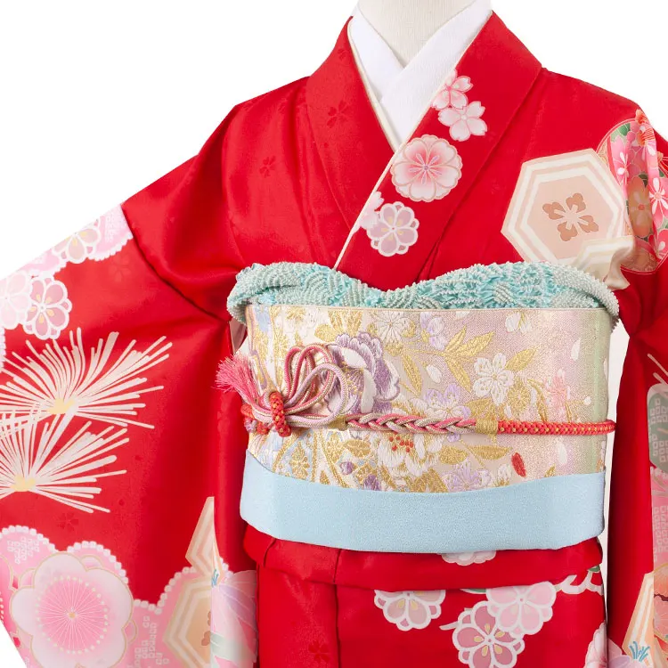 ジュニア着物 赤地 松竹梅 鈴まり C028