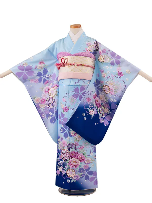 ジュニア着物 薄青 牡丹 桜 C030