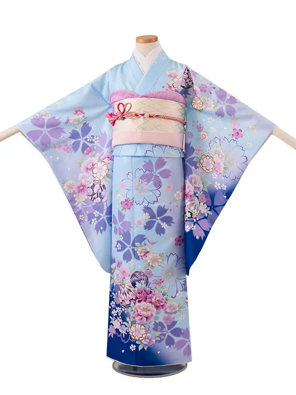 ジュニア着物 薄青 牡丹 桜 C030