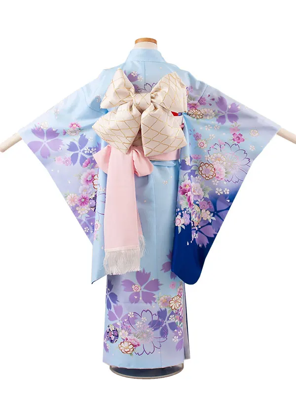 ジュニア着物 薄青 牡丹 桜 C030