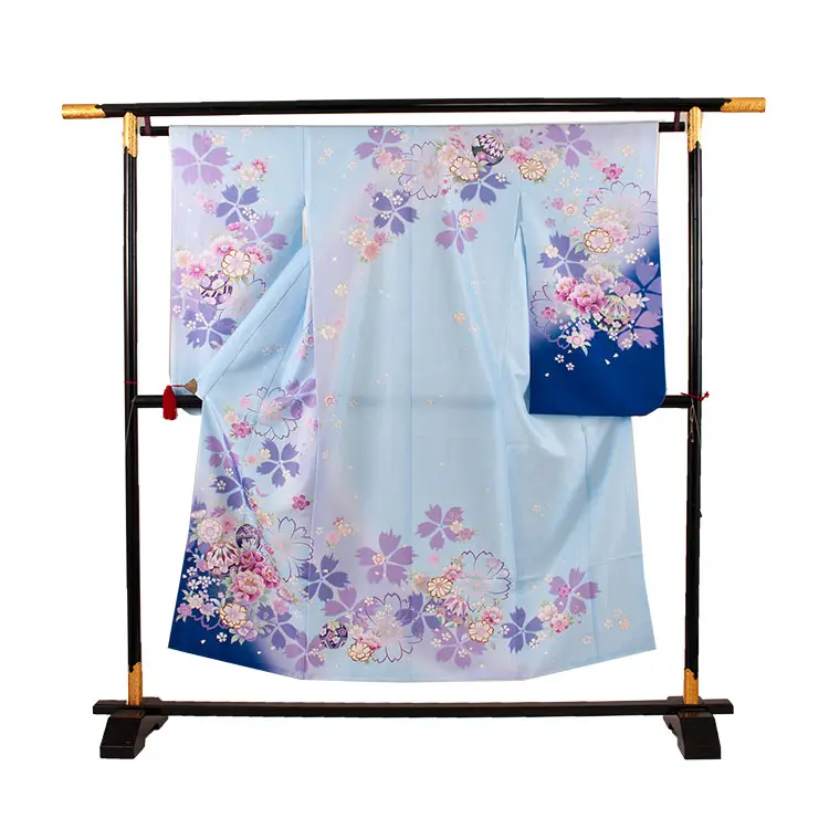ジュニア着物 薄青 牡丹 桜 C030