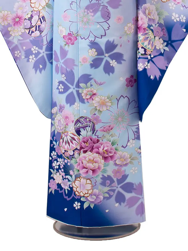 ジュニア着物 薄青 牡丹 桜 C030