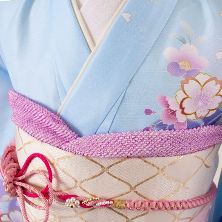 ジュニア着物 薄青 牡丹 桜 C030
