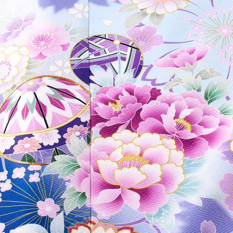ジュニア着物 薄青 牡丹 桜 C030