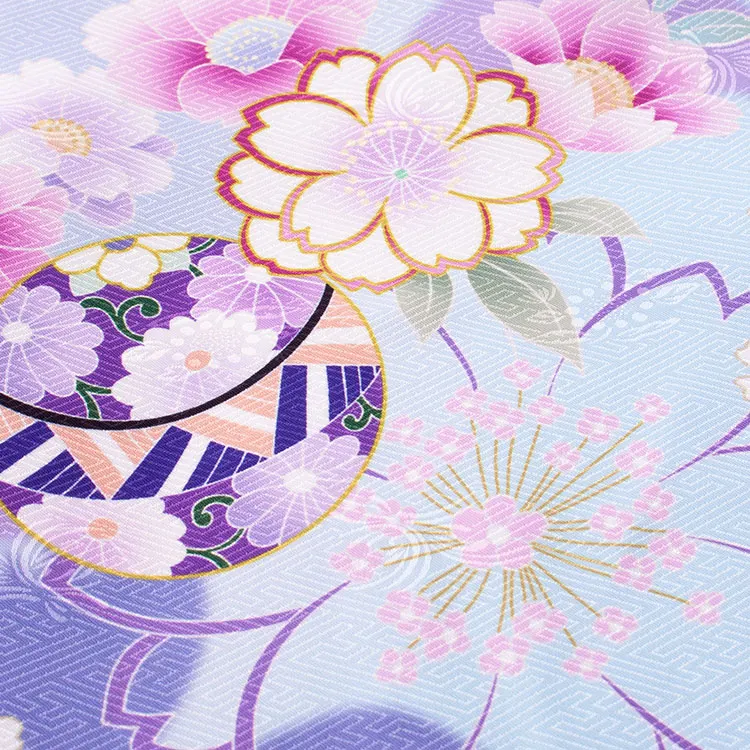 ジュニア着物 薄青 牡丹 桜 C030