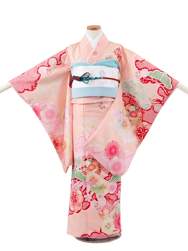 ジュニア着物 ピーチフィズ 絞り調 松竹梅 鈴まり C031