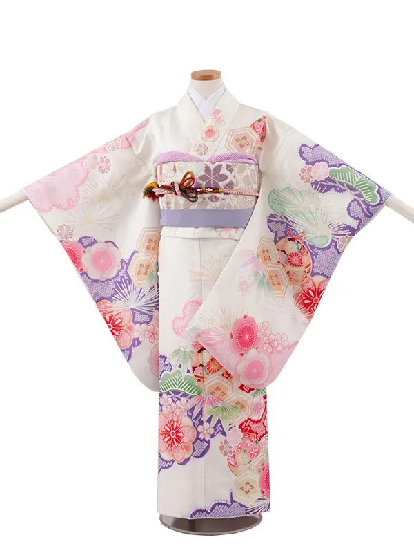 ジュニア着物 アイボリー 絞り調 松竹梅 鈴まり C032