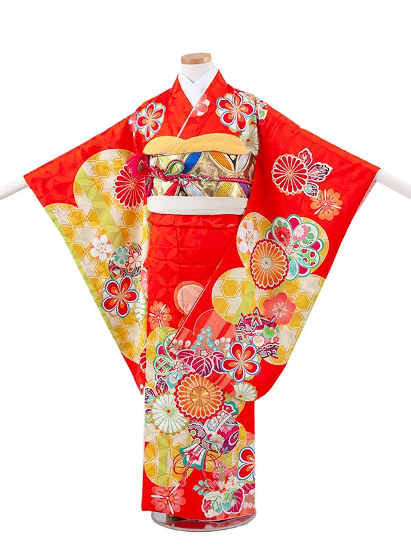 【正絹】ジュニア着物 赤オレンジ ねじり梅 菊 C033