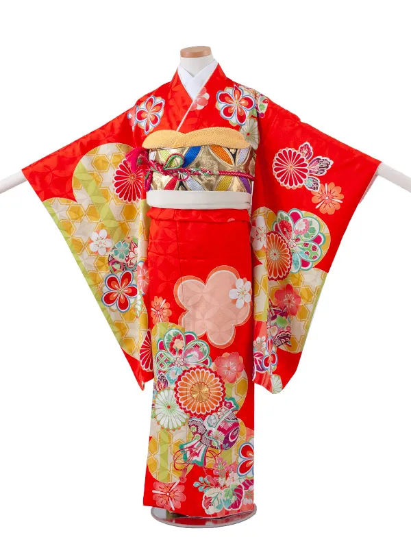 【正絹】ジュニア着物 赤オレンジ ねじり梅 菊 C033