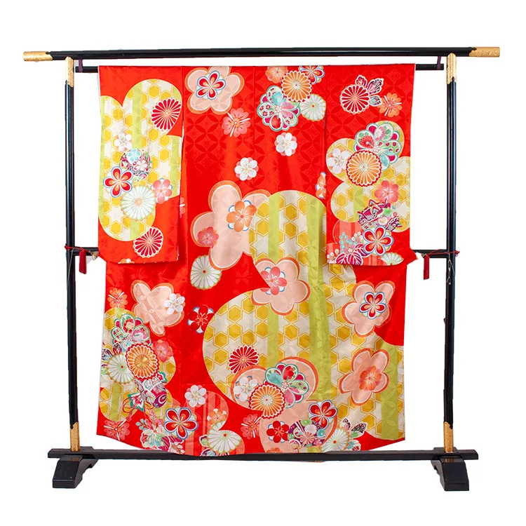 【正絹】ジュニア着物 赤オレンジ ねじり梅 菊 C033