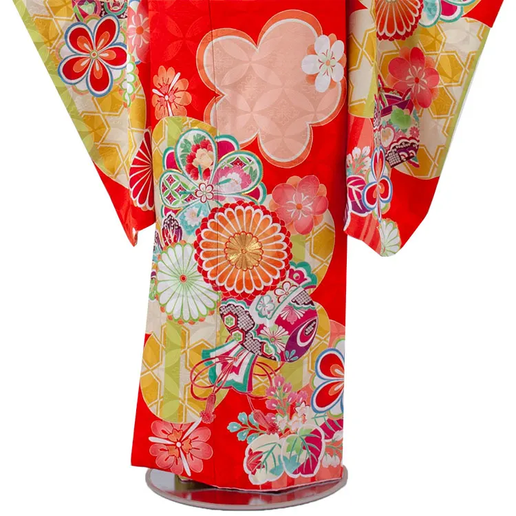 【正絹】ジュニア着物 赤オレンジ ねじり梅 菊 C033