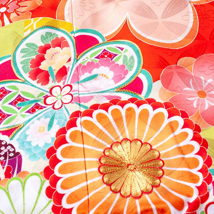 【正絹】ジュニア着物 赤オレンジ ねじり梅 菊 C033