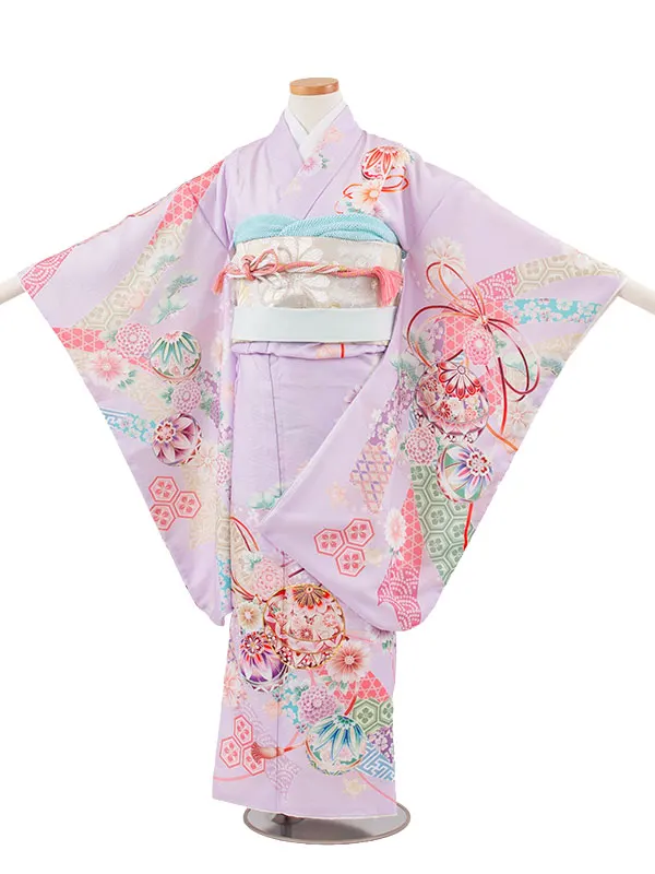 ジュニア着物 ラベンダー 熨斗に鞠 C039