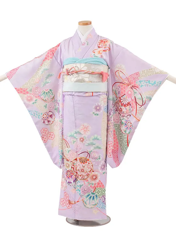 ジュニア着物 ラベンダー 熨斗に鞠 C039