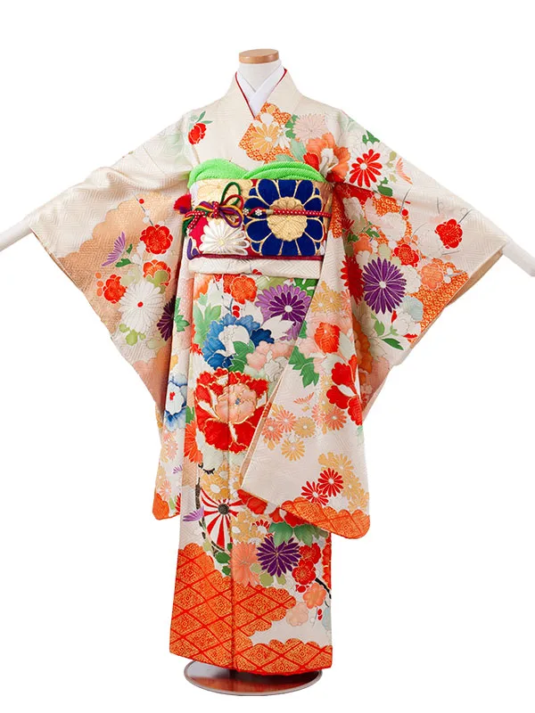 【正絹】ジュニア着物 エクルベージュ 菊に牡丹 D001
