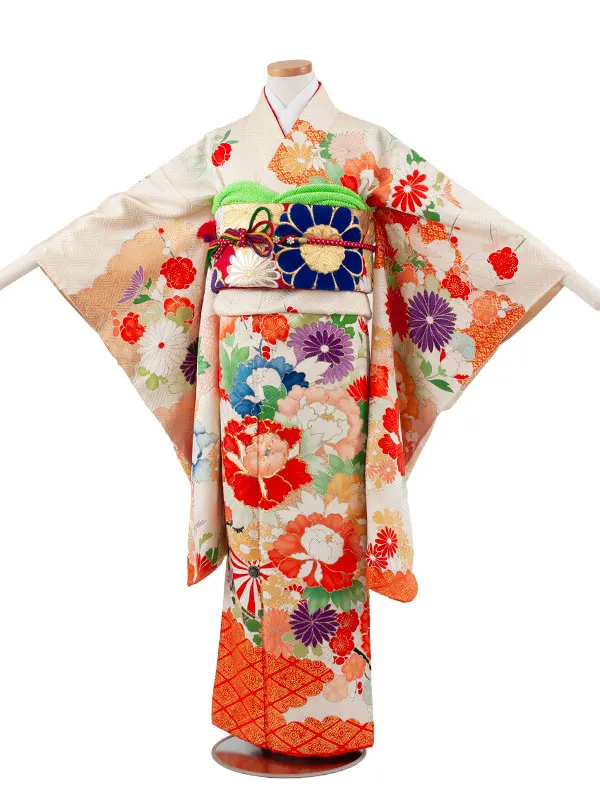 【正絹】ジュニア着物 エクルベージュ 菊に牡丹 D001