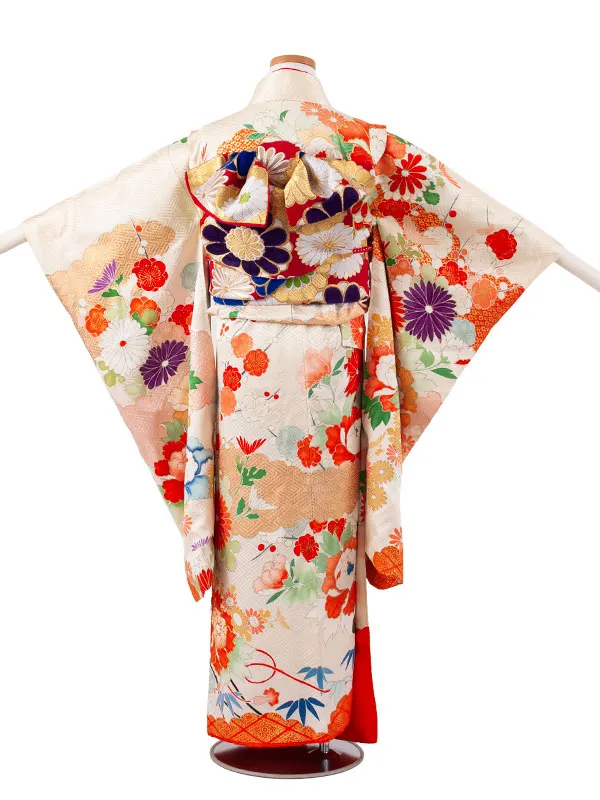 【正絹】ジュニア着物 エクルベージュ 菊に牡丹 D001