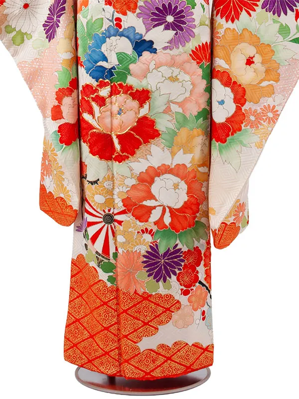 【正絹】ジュニア着物 エクルベージュ 菊に牡丹 D001