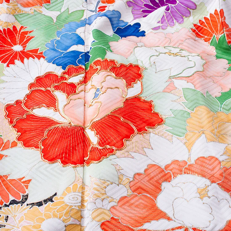 【正絹】ジュニア着物 エクルベージュ 菊に牡丹 D001