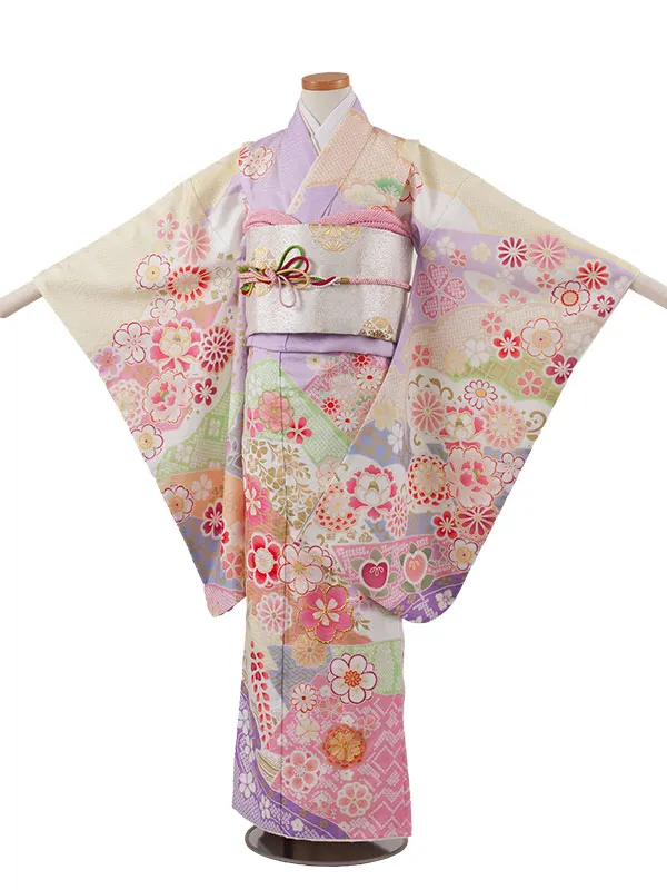 ジュニア着物 パステルパープル しぼり調 桜 牡丹 D002