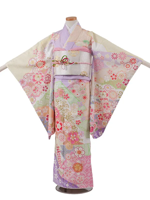 ジュニア着物 パステルパープル しぼり調 桜 牡丹 D002