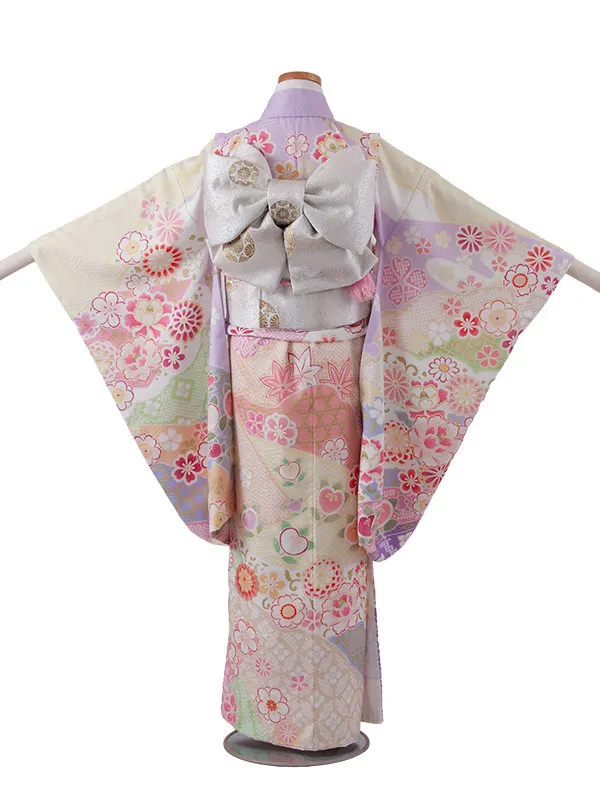 ジュニア着物 パステルパープル しぼり調 桜 牡丹 D002