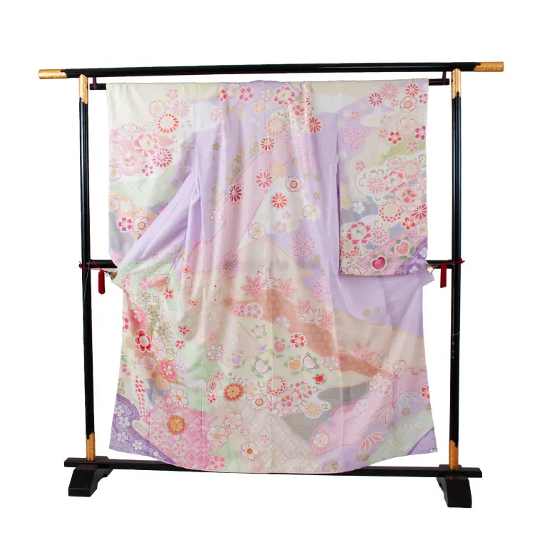 ジュニア着物 パステルパープル しぼり調 桜 牡丹 D002