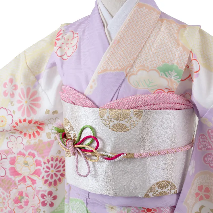 ジュニア着物 パステルパープル しぼり調 桜 牡丹 D002