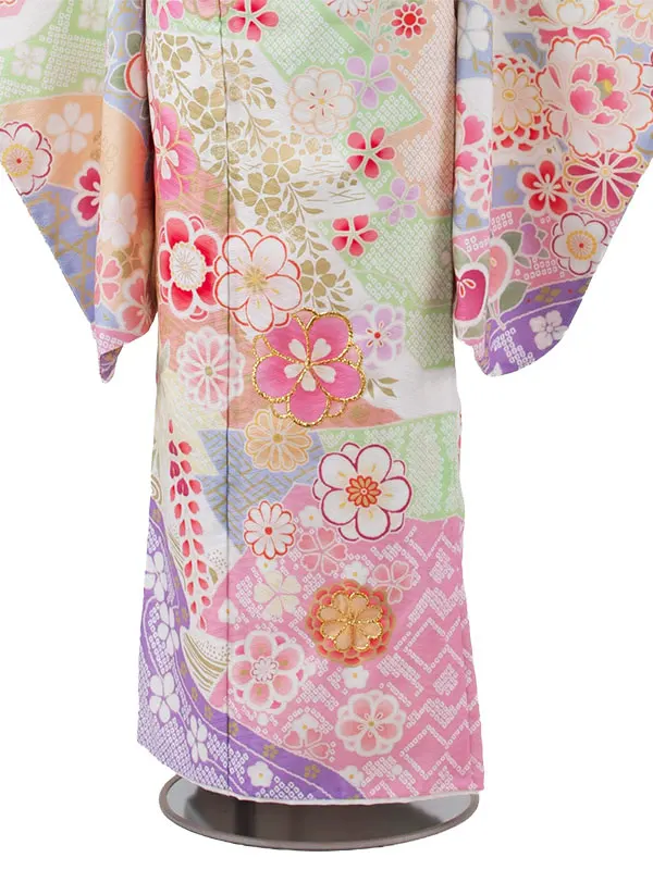 ジュニア着物 パステルパープル しぼり調 桜 牡丹 D002