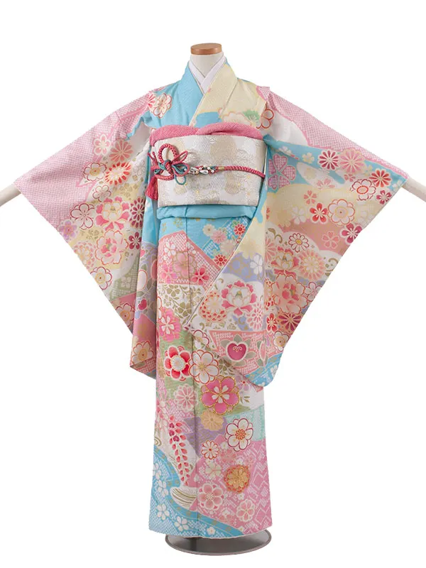 ジュニア着物 空色 しぼり調 桜 牡丹 D003