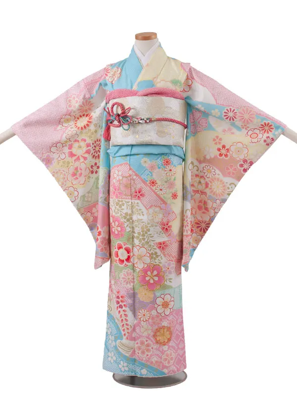 ジュニア着物 空色 しぼり調 桜 牡丹 D003