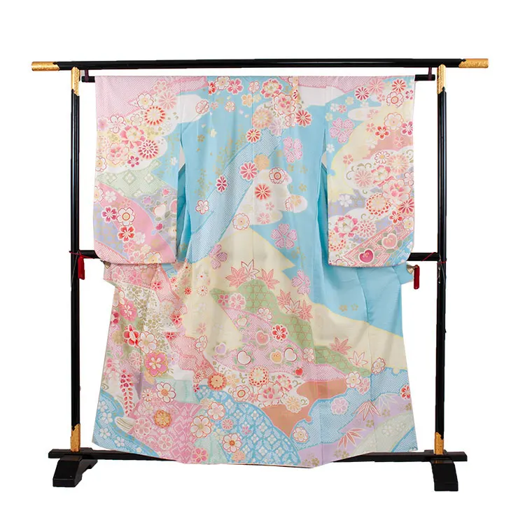 ジュニア着物 空色 しぼり調 桜 牡丹 D003
