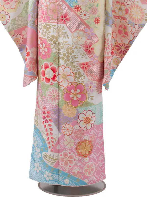 ジュニア着物 空色 しぼり調 桜 牡丹 D003