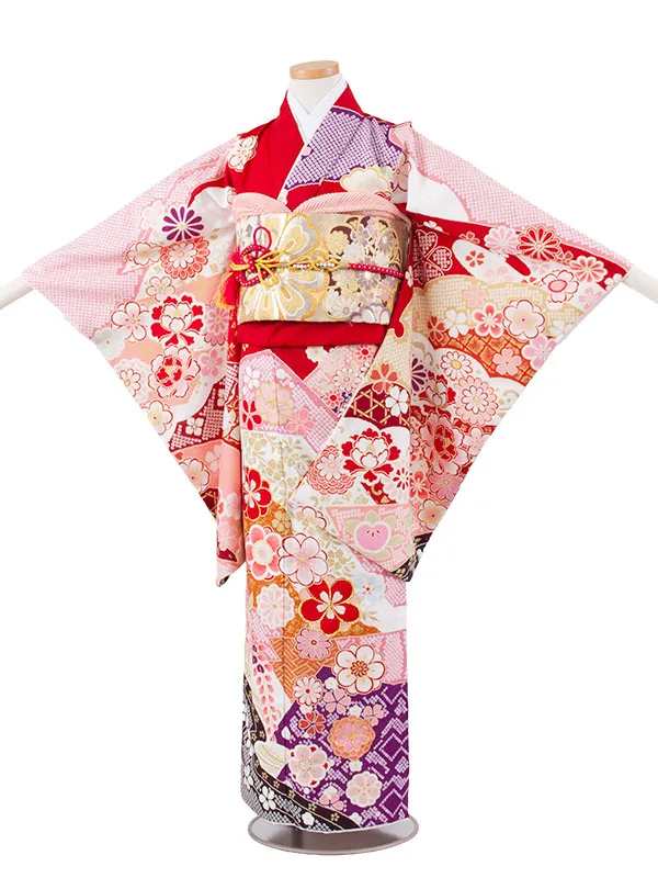 ジュニア着物 赤地 しぼり調 桜 牡丹 D004