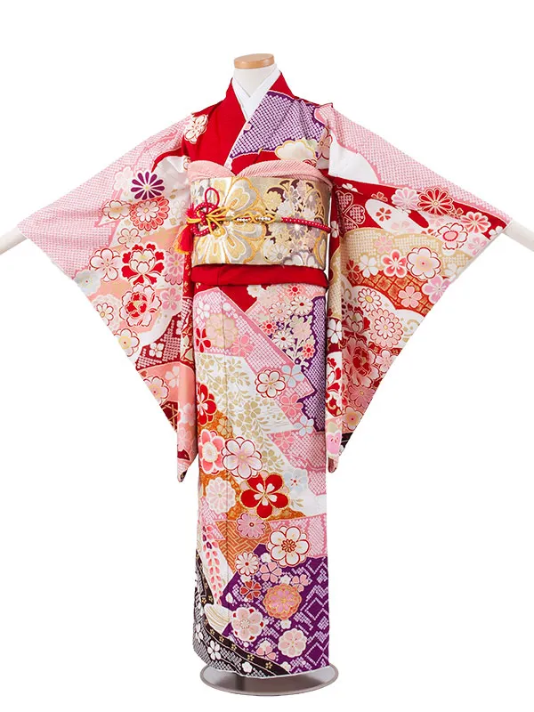 ジュニア着物 赤地 しぼり調 桜 牡丹 D004
