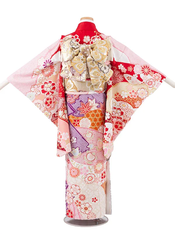 ジュニア着物 赤地 しぼり調 桜 牡丹 D004